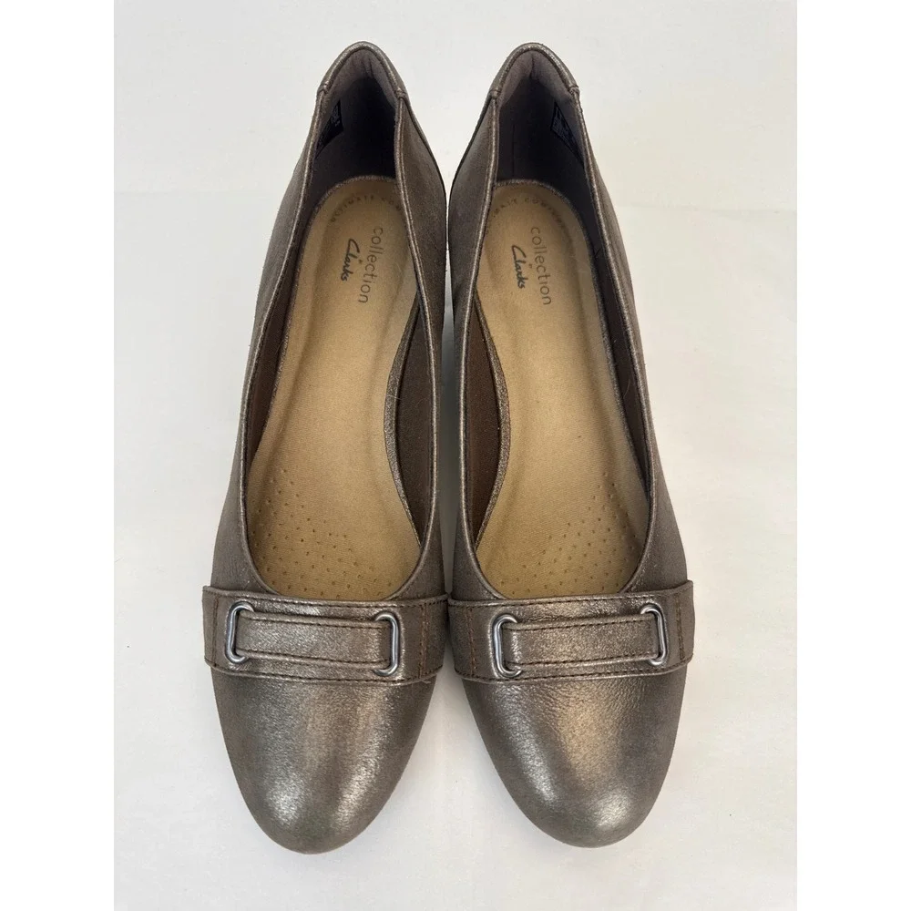 Clarks Mallory Strap Wedge Shoes Womens 8.5 Bronze Metallic Leather Comfort
